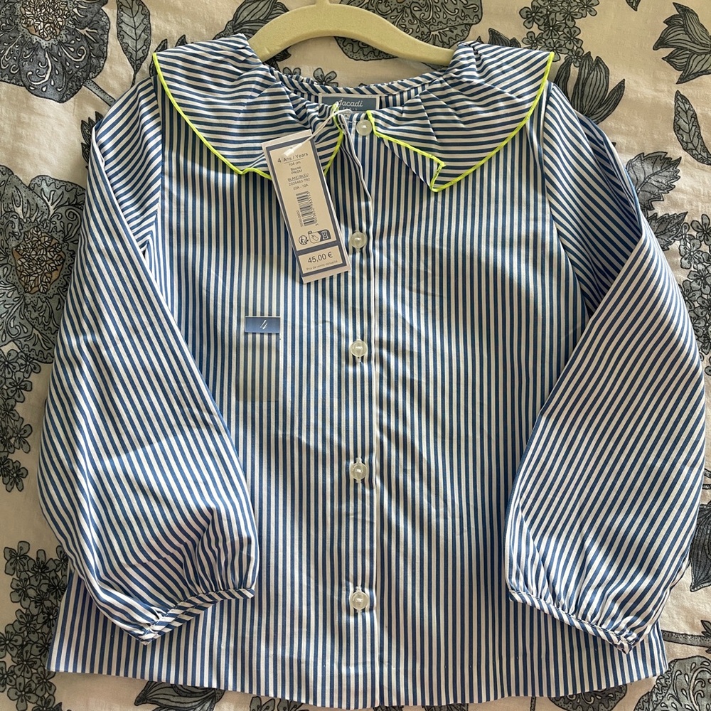 Jacadi Blue and White Striped Girls Blouse with Yellow Trim